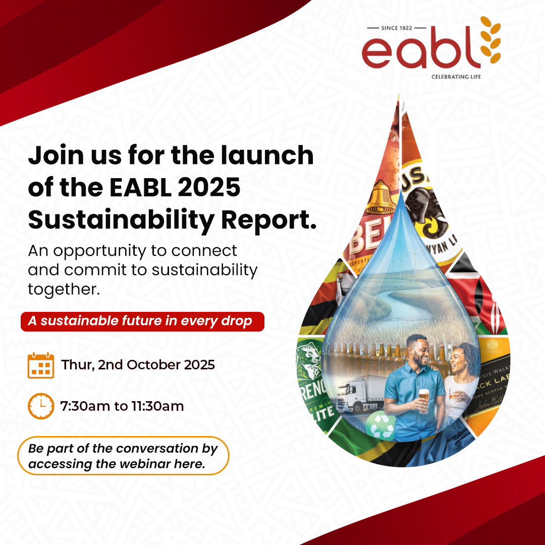 EABL_PLC's tweet photo. Join us as we unveil the EABL 2025 Sustainability Report tomorrow. A moment to reflect on progress, share insights and shape the next chapter of sustainable growth.
🔗 Be part of the launch by joining here: https://t.co/VOuokkrlp2
#ASustainableFutureInEveryDrop https://t.co/i06hAXEHTC