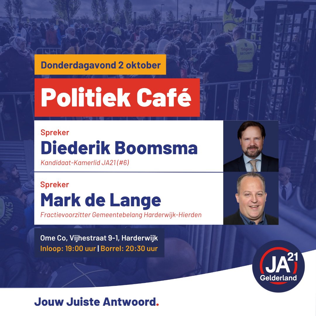 Morgenavond zijn we in Harderwijk met <a href="/DiederikBoomsma/">Diederik Boomsma</a> en raadslid <a href="/mcdelange/">Mark de Lange</a> (Gemeentebelang) om in gesprek te gaan over de asielproblematiek!

📍 Ome Co, Vijhestraat 9-1, Harderwijk
🕢 19:30 tot 22:00 (inloop vanaf 19:00)  

🎟️ Aanmelden kan via ja21.nl/events!