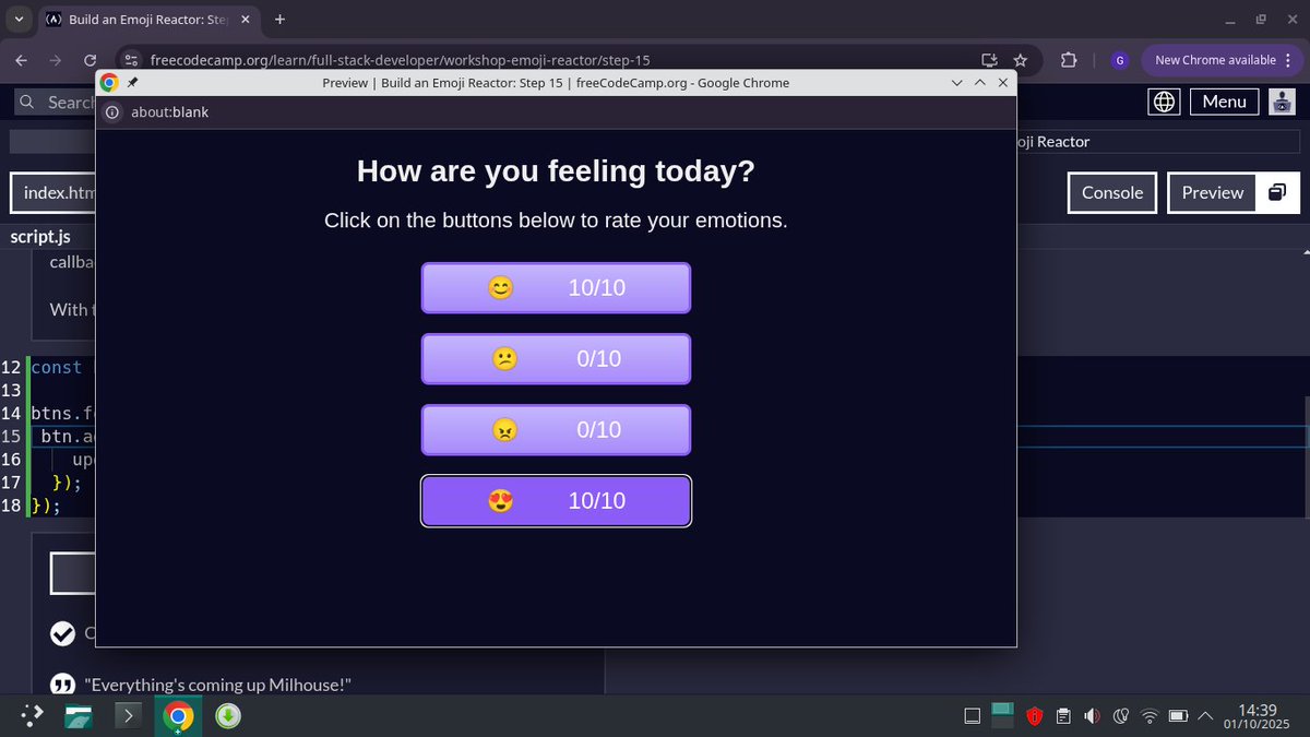Ujahgrace17's tweet image. I have completed Build an Emoji Reactor 
using 
-querySelectors
-addEventListener
on   #freecodecamp
 #javascript #HTML  #CSS 
 freecodecamp.org/learn/full-sta…