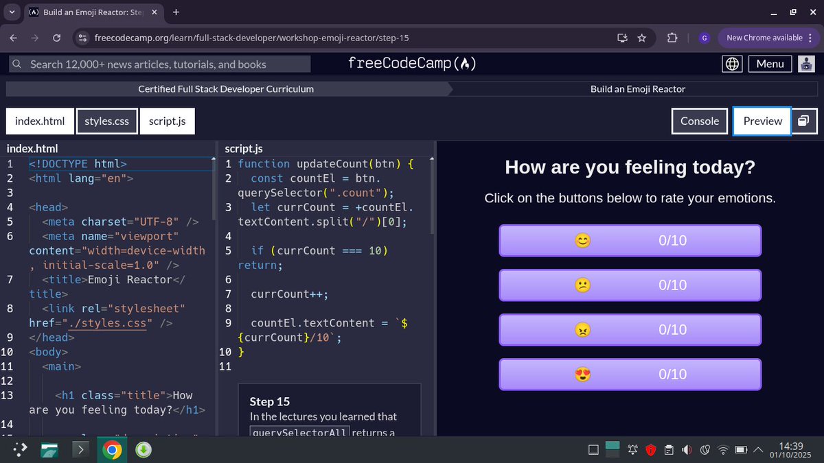 Ujahgrace17's tweet image. I have completed Build an Emoji Reactor 
using 
-querySelectors
-addEventListener
on   #freecodecamp
 #javascript #HTML  #CSS 
 freecodecamp.org/learn/full-sta…