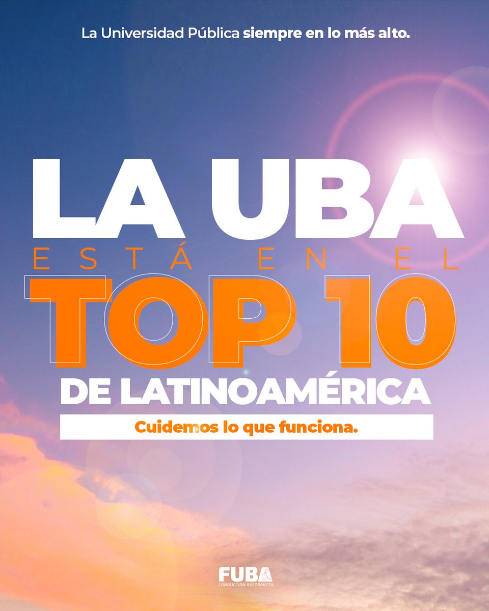 LA UBA EN EL TOP 10 DE LATINOAMÉRICA

🏅 La UBA está puesto 10° según el Ranking Qs Latinoamérica y el Caribe 2026.

🏅 Continúa siendo la mejor Universidad del país y es la única institución argentina en el Top 20.

Cuidemos lo que funciona.