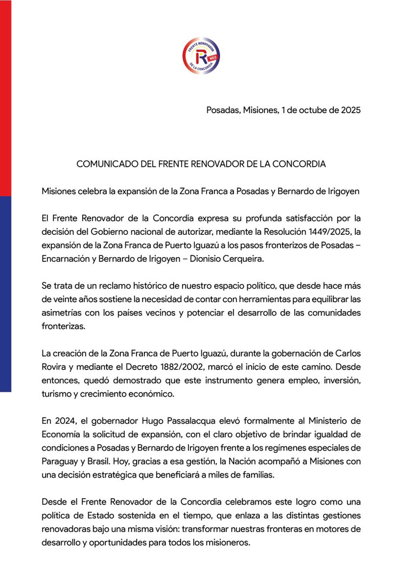 El <a href="/FRdelaConcordia/">Frente Renovador de la Concordia</a> destacó la creación de las zonas francas de Posadas y Bernardo de Irigoyen.