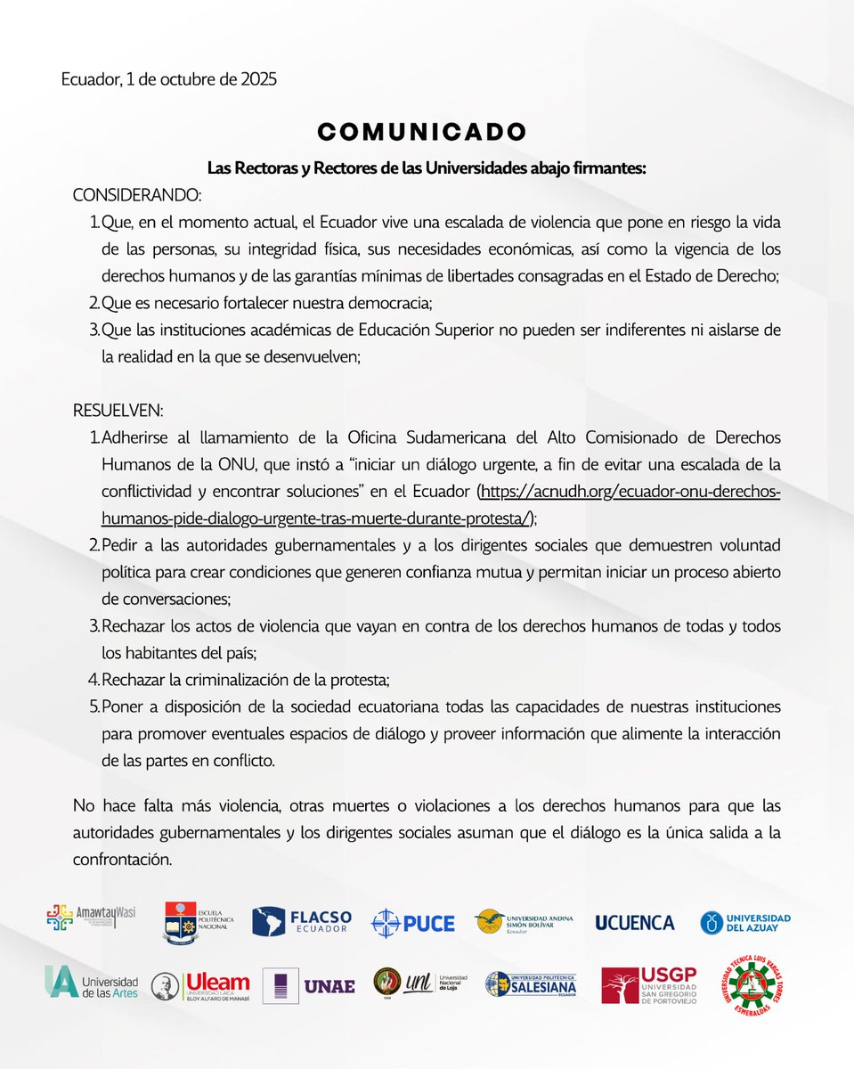 📌 La Universidad Andina Simón Bolívar, Sede Ecuador, junto a las universidades firmantes, nos adherimos al llamado de la Oficina Sudamericana del Alto Comisionado de Derechos Humanos de la ONU <a href="/ONU_derechos/">ONU Derechos Humanos - América del Sur</a>.
Reafirmamos nuestro compromiso con la paz, el diálogo y los derechos