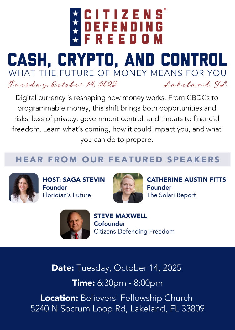 JustBert42's tweet photo. 🚨 Cash, Crypto, and Control: The Future of Money 🚨

Digital currencies are no longer just an idea—they’re here, and they’re already reshaping how governments, banks, and tech companies operate.

But with these changes come real dangers:
⚠️ Loss of privacy
⚠️ Programmable money tied to behavior
⚠️ Instability in the financial system
⚠️ Threats to personal and economic freedom
That’s why Citizens Defending Freedom is hosting an urgent panel discussion to unpack what’s happening and how you can prepare.
📅 Tuesday, October 14, 2025
🕡 6:30 PM – 8:30 PM
📍 Believer's Fellowship Church
5240 N Socrum Loop Rd, Lakeland, FL 33809
You’ll learn:
✅ How CBDCs could reshape daily life
✅ What the future holds for cash & traditional banking
✅ Practical steps to safeguard your financial freedom
👉 Registration is required:
 https://t.co/7b04oqS5jp

Don’t wait. This isn’t just a conversation—it’s preparation for what’s ahead.

#Freedom #Crypto #FaithInAction #LakelandFL