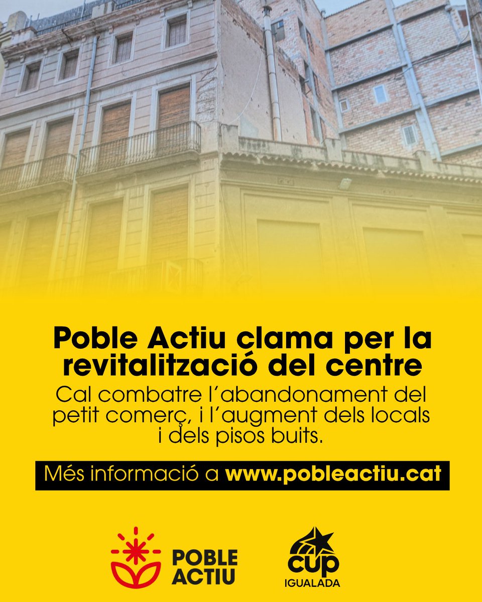 🏘️ El nucli antic d’Igualada s’està buidant: habitatges degradats, comerços tancats i deixadesa institucional.

Des de @pobleactiu proposem rehabilitar habitatges buits i donar vida al comerç local.

Cal posar la vida al centre.

#Igualada #NucliAntic