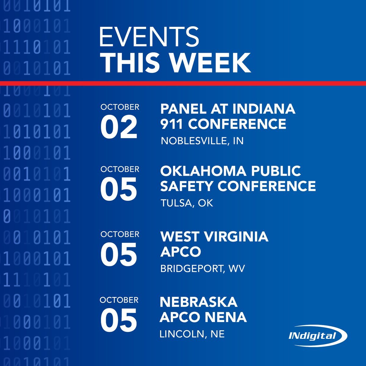 It’s a big week here, with a panel at the Indiana 911 conference tomorrow, and three conferences starting in Tulsa, Bridgeport, and Lincoln on Sunday. Visit the INdigital booth to learn how our core services support PSAPs across the country.