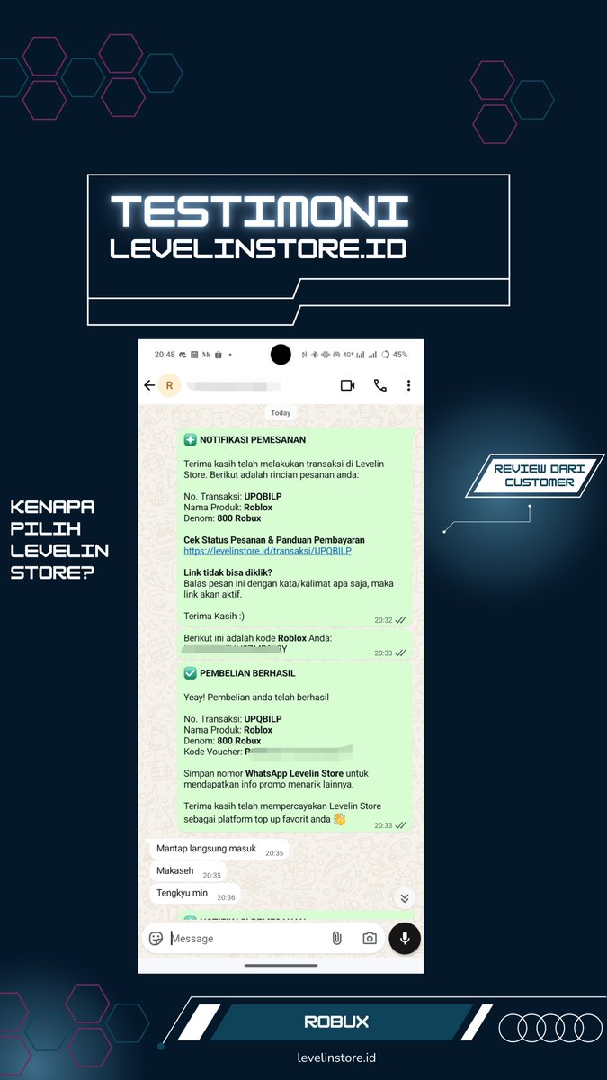 levelinstoreid's tweet image. 🚀 Baru aja ada customer setia yang top up 1600 Robux di Levelin Store!
Proses? Instan ✔️
Aman &amp;amp; legal ✔️
Harga? Tetap ramah kantong ✔️

Thank you udah percaya sama kami 💙
Saatnya kamu buktiin sendiri → levelinstore.id

#Robux #TopUpRoblox #zonauang  #ROBLOX #zonajajan