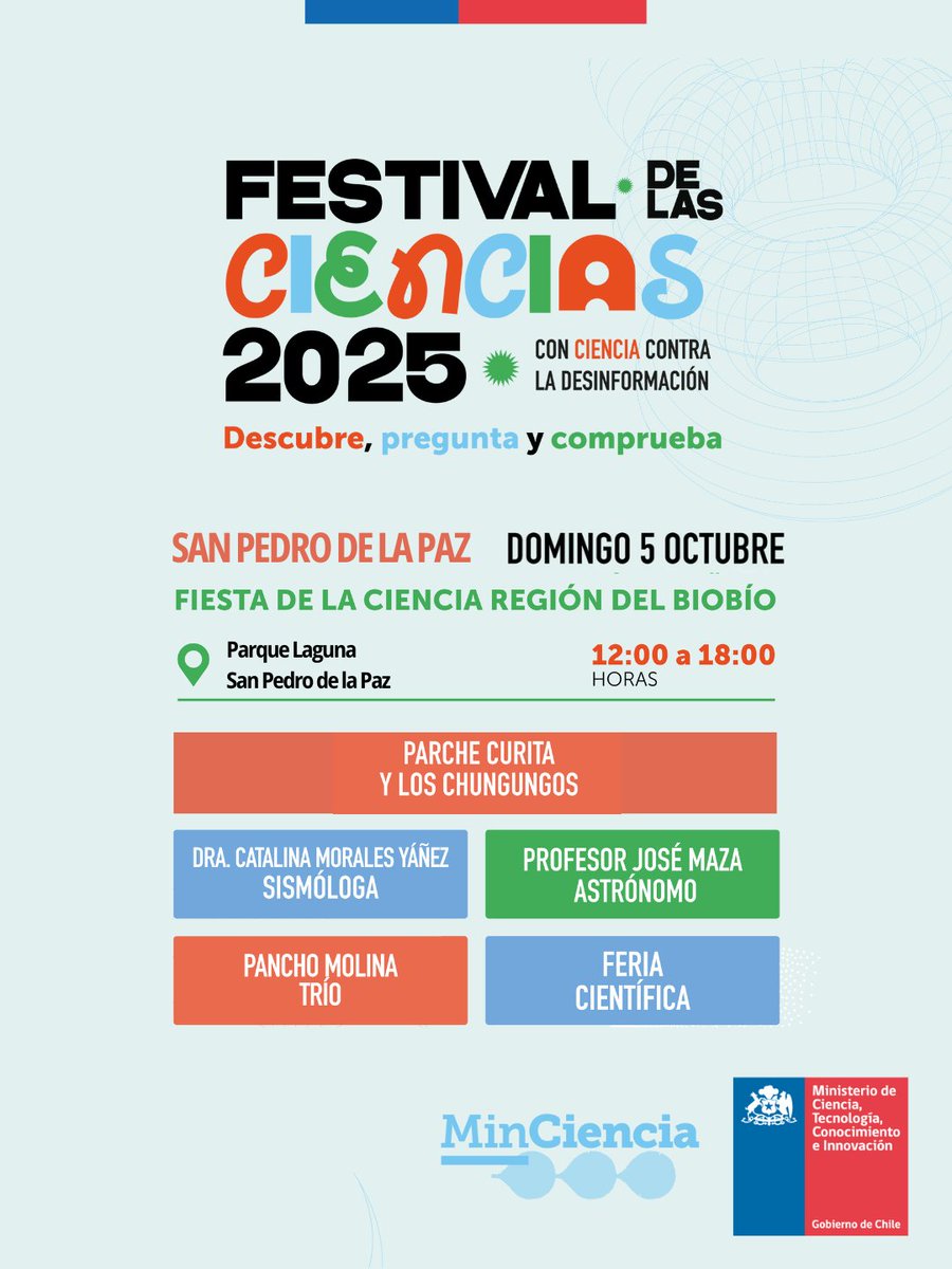 SeremiCienciaB's tweet photo. Nos trasladamos al Parque Laguna San Pedro de la Paz, para disfrutar de una gran fiesta en el Festival de las Ciencias 2025 🎉

El profesor y astrónomo José Maza; la sismóloga, Catalina Morales; Pancho Molina Trío 🎶; Parche Curita y Los Chungungos... https://t.co/gvwVAzcUvz