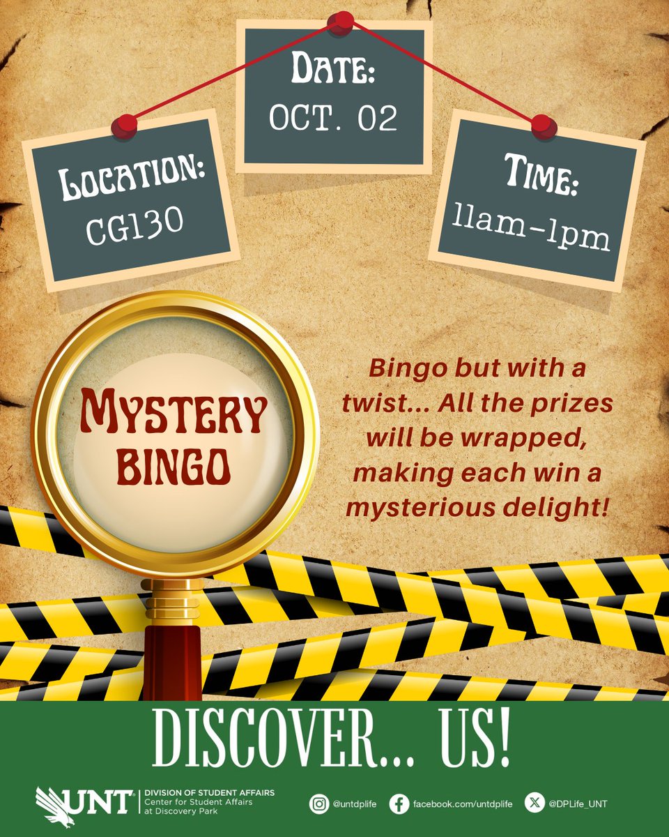 Bingo... but with a twist! Join us for Mystery Bingo where all the prizes are wrapped, and the prize you choose is a surprise! Test your luck and you might end up with something spectacular!

🗓️ October 2nd
⏰ 11am - 1pm
📍 CG130

#UNT #UniversityofNorthTexas #DiscoveryPark