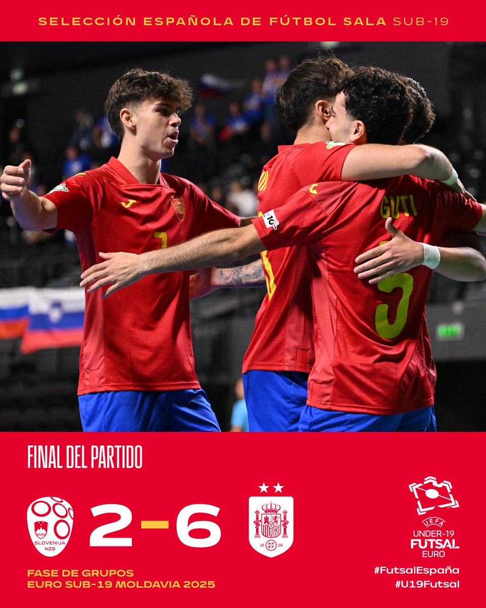 🔚 𝗙𝗜𝗡𝗔𝗟 𝗗𝗘𝗟 𝗣𝗔𝗥𝗧𝗜𝗗𝗢

➡️ España acaba como primera de grupo y espera rival en semifinales, que saldrá del Italia-Ucrania

🇸🇮🆚🇪🇸 | 2-6
🔗 CRÓNICA: bit.ly/46uIH2C

#FutsalEspaña | #NuestraBase | #U19Futsal