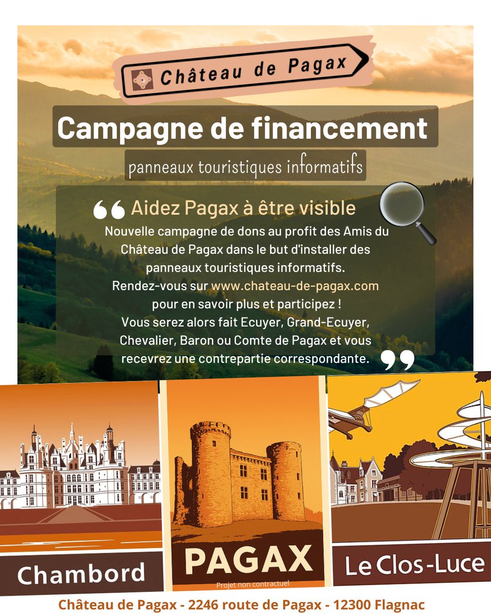 Château de Pagax (@depagax) on Twitter photo Aidez Pagax à être visible ! 🔭
Nvelle campagne de dons des Amis du Château pour l'installation de panneaux touristiques.
RDV sur chateau-de-pagax.com pour en savoir plus & participez! 
En contrepartie vous serez fait Ecuyer, Grand-Ecuyer, Chevalier, Baron ou Comte de Pagax. Aidez Pagax à être visible ! 🔭
Nvelle campagne de dons des Amis du Château pour l'installation de panneaux touristiques.
RDV sur chateau-de-pagax.com pour en savoir plus & participez! 
En contrepartie vous serez fait Ecuyer, Grand-Ecuyer, Chevalier, Baron ou Comte de Pagax.