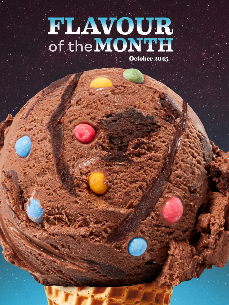 Galactic Brownie has landed! 🚀🍫 Brownie batter flavoured frozen dairy dessert, brownie pieces, rainbow chips &amp; chocolate icing swirls. Try it before it disappears! #FlavourOfTheMonth