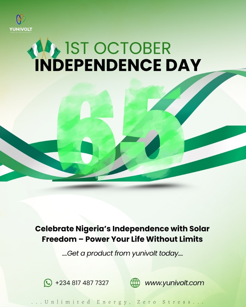 YuniVoltTech's tweet image. Happy Independence Day, Nigeria!
Today we celebrate freedom, unity, and progress. 
At Yunivolt Technologies, we believe true independence means having control over your power. No more blackouts. No more limits. Just energy that keeps you moving forward.
#NigeriaAt65 #Yunivolt