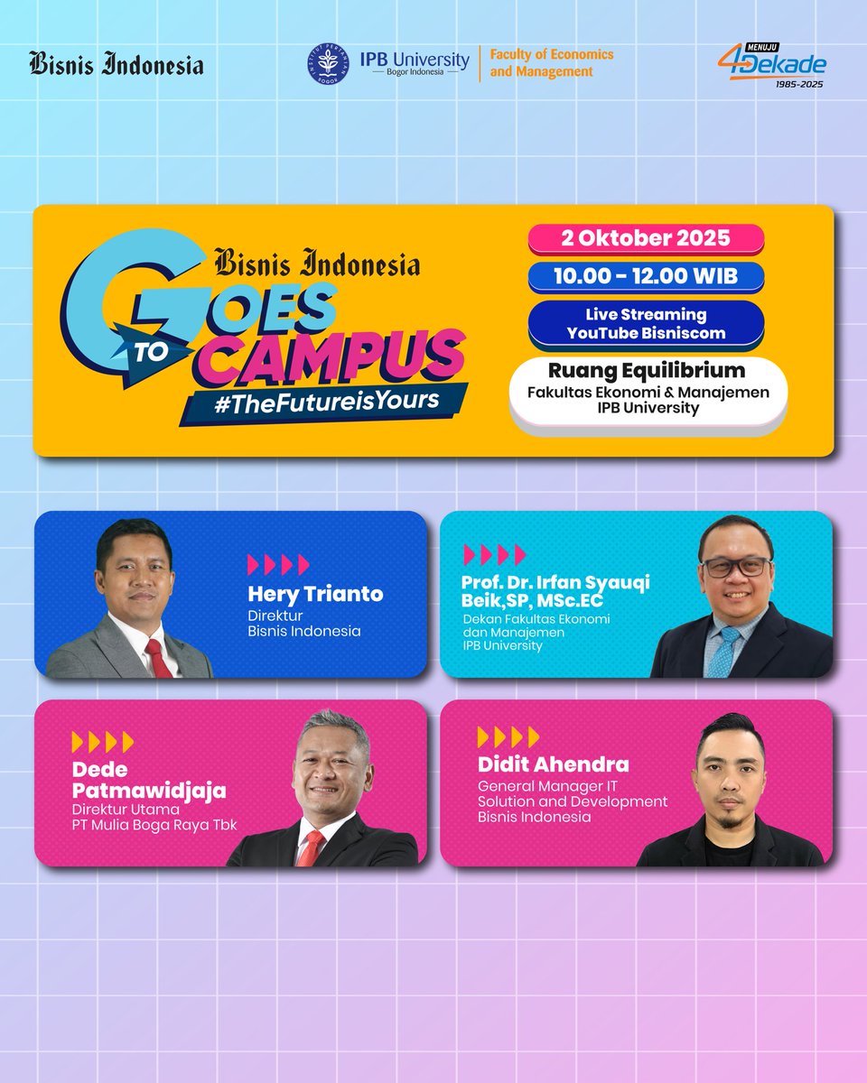 Bisniscom's tweet image. Bisnis Indonesia Goes to Campus
 #TheFutureisYours

Bisnis Indonesia bekerja sama dengan Fakultas Ekonomi dan Manajemen (FEM) IPB University akan menyelenggarakan kegiatan Goes to Campus sebagai ruang diskusi akademik dan praktis mengenai dinamika bisnis, ekonomi, serta inovasi