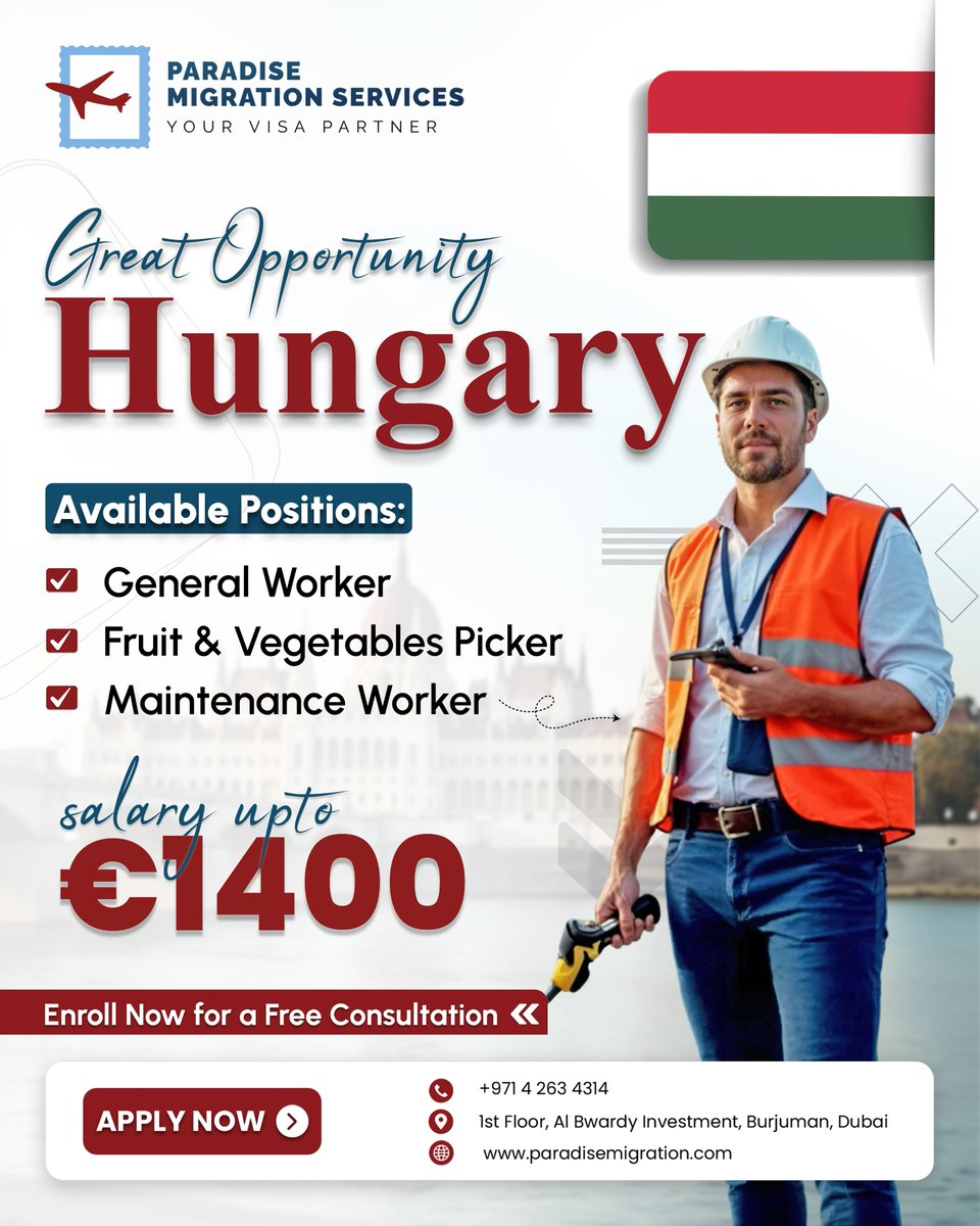 ClientsReviews_'s tweet image. 🇭🇺 Work &amp;amp; Live in Hungary! ✈️
Roles: General Workers | Maintenance | Fruit Pickers
✅ Verified Work Permit
✅ Free Accommodation
✅ Medical + Transport
📆 Limited Seats – Apply Now!
📩 DM us | 📞 +971 4 263 4314
📍 Paradise Migration, BurJuman, Dubai
#WorkInHungary #EuropePermit