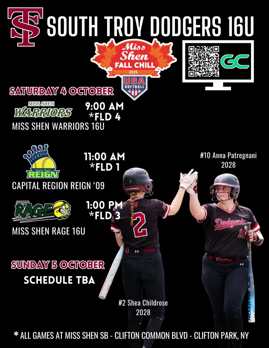 Our 16u Dodgers are playing close to home in Clifton Park at the Miss Shen Fall Chill this wknd!

📺 web.gc.com/teams/bcXBzA2S…

Follow our players who are on <a href="/X/">X</a> ⬇️
<a href="/JadaBernacet/">JadaBernacet</a>
<a href="/JaelBernacet/">JaelBernacet</a>
<a href="/Kiannahuz/">Kianna</a>
<a href="/charlotte_elble/">Charlotte Elble</a>
<a href="/EdenElizabeth09/">Eden</a>
<a href="/murray171091/">Ava Murray</a>
<a href="/AnnaPatregnani/">Anna Patregnani</a>
<a href="/MadyTurcotte22/">Mady</a>