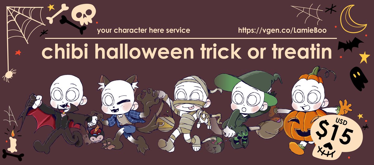 🎃 Halloween is coming soon! 🍬 Come get your OCs ready for trick or treatin!
Chibi YCH #VGenComms are open! #VGen 🔗 in bio 👻