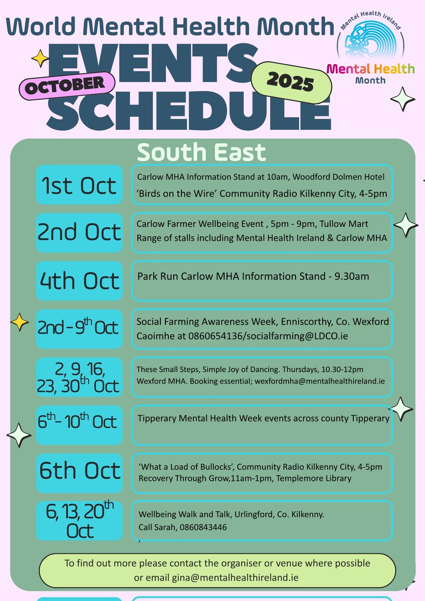 RecoverySe's tweet photo. It's World Mental Health Month! ๐ง The South East has a great schedule of events planned for October, from info stands to Wellbeing Walks & dancing. Check out the schedule & get involved! ๐ #WMHM #MentalHealthIreland #SouthEast https://t.co/sCBeJrveeY