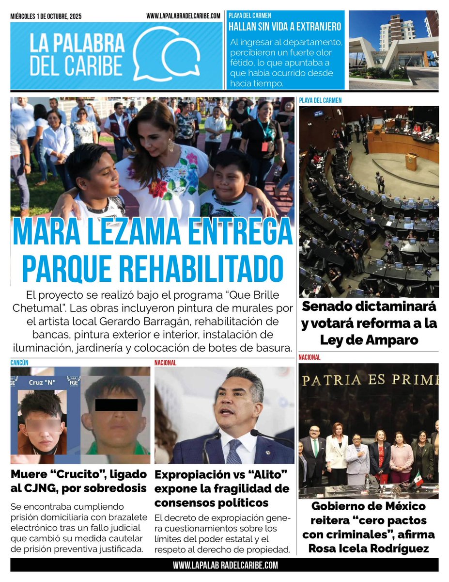 Entrega Mara Lezama parque rehabilitado 4 de Marzo para beneficio de casi 2 mil familias de la colonia 8 de Octubre - bit.ly/4h0ovcv
--------
Muere “Crucito”, multihomicida del CJNG, por presunta sobredosis en Cancún - bit.ly/42llldr