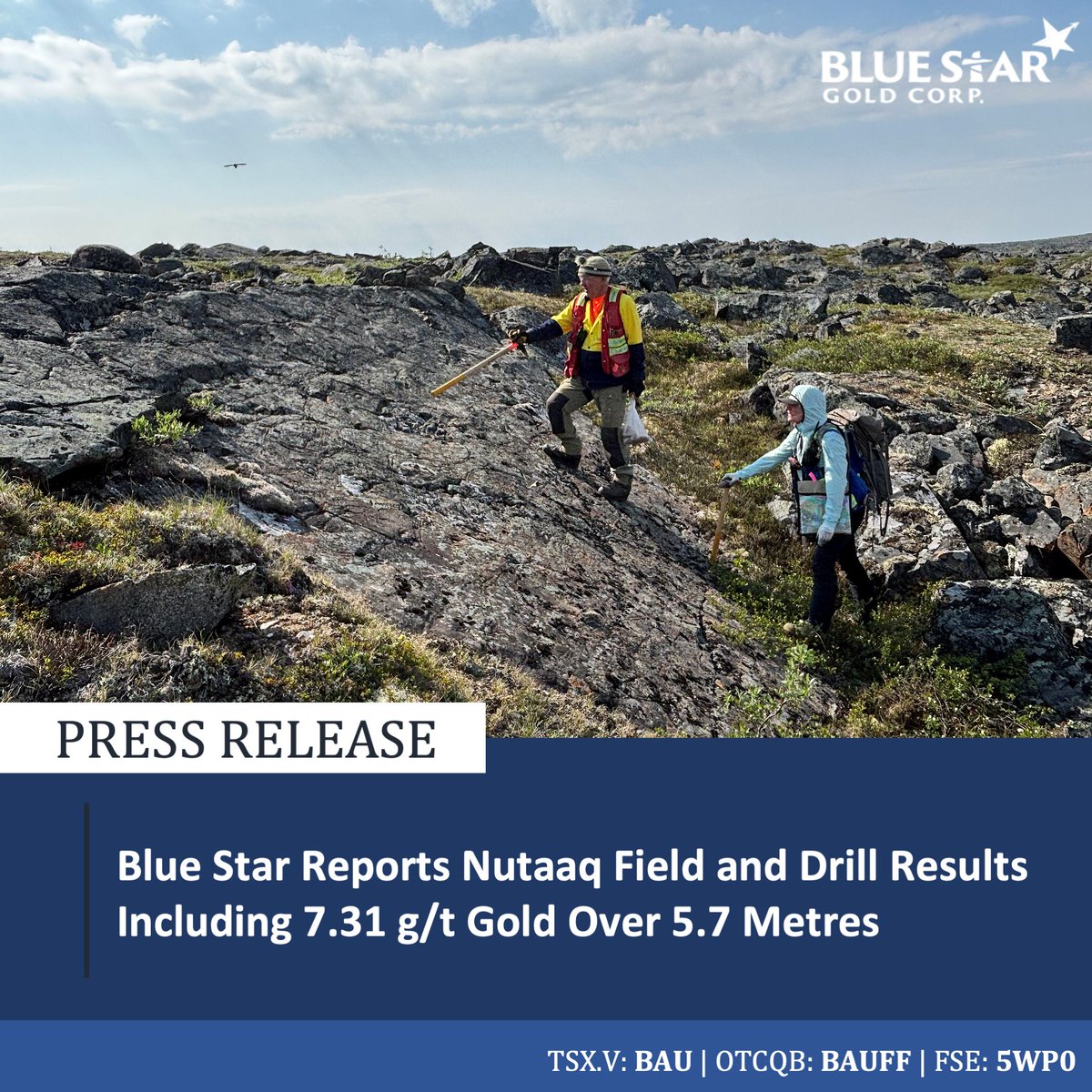 BlueStarGold1's tweet photo. Blue Star Gold (TSXV: BAU | OTCQB) reports strong drill results from the Nutaaq trend in Nunavut, including 7.31 g/t Au over 5.7 metres. https://t.co/PQVRquoL5v

#BlueStarGold #GoldMining #GoldExploration #Gold #MineralExploration #CriticalMinerals #Copper #Nunavut #Mining https://t.co/G3Riby87zP