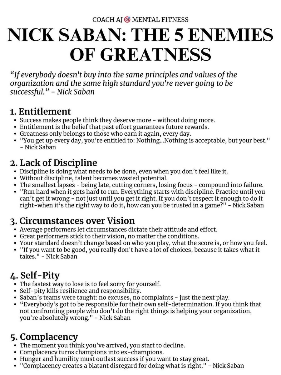 I have taken many lessons from Nick Saban in regards to coaching! He was the best at creating a standard and holding his players to that standard! READ THE 5 ENEMIES OF GREATNESS MORE THAN ONCE! 

#AOATT