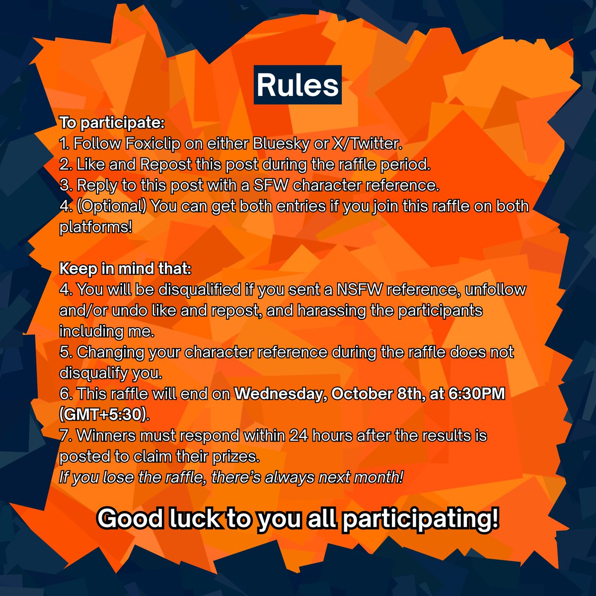 Foxiclip's tweet photo. First of all, happy october, or halloween!

Second, yes, I do have a halloween themed monthly raffle now!

To join:
🟦Follow
🟥Like &amp; Repost
🟨Reply with your SFW reference sheet!

Raffle ends Oct 8th, so good luck, and again, happy spooky month! https://t.co/b6N7YSjlWg