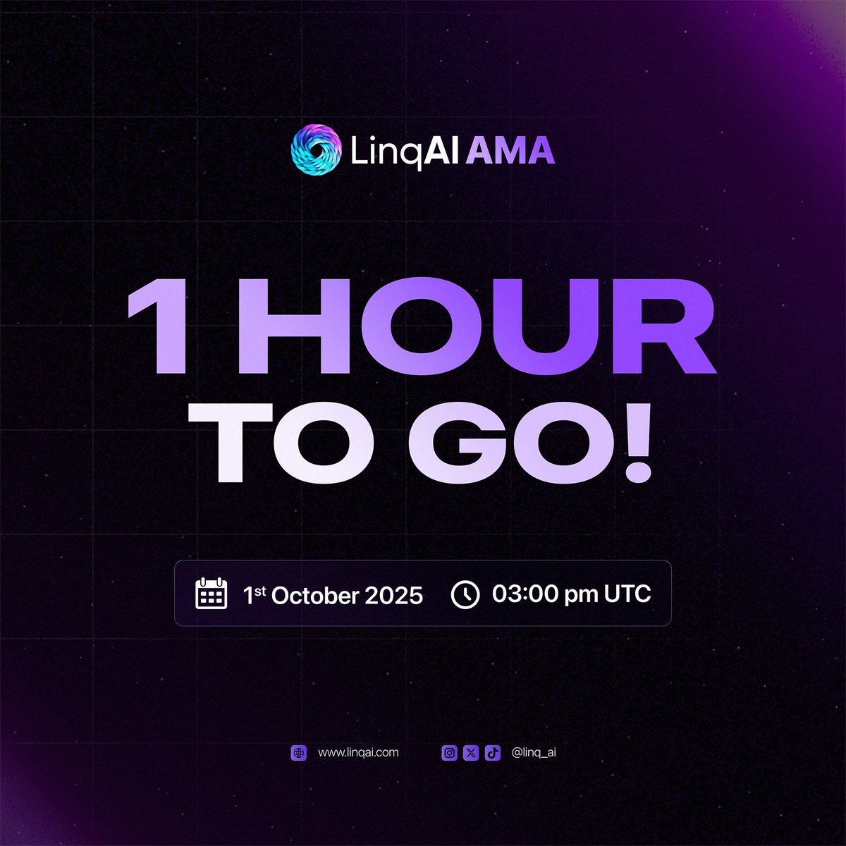 ⏳ 1 HOUR TO GO!

Join us for another AMA today at 3:00 PM UTC.

Tune in for insights, updates, and live community Q&amp;A.

📍x.com/i/spaces/1OdKr…

$LNQ