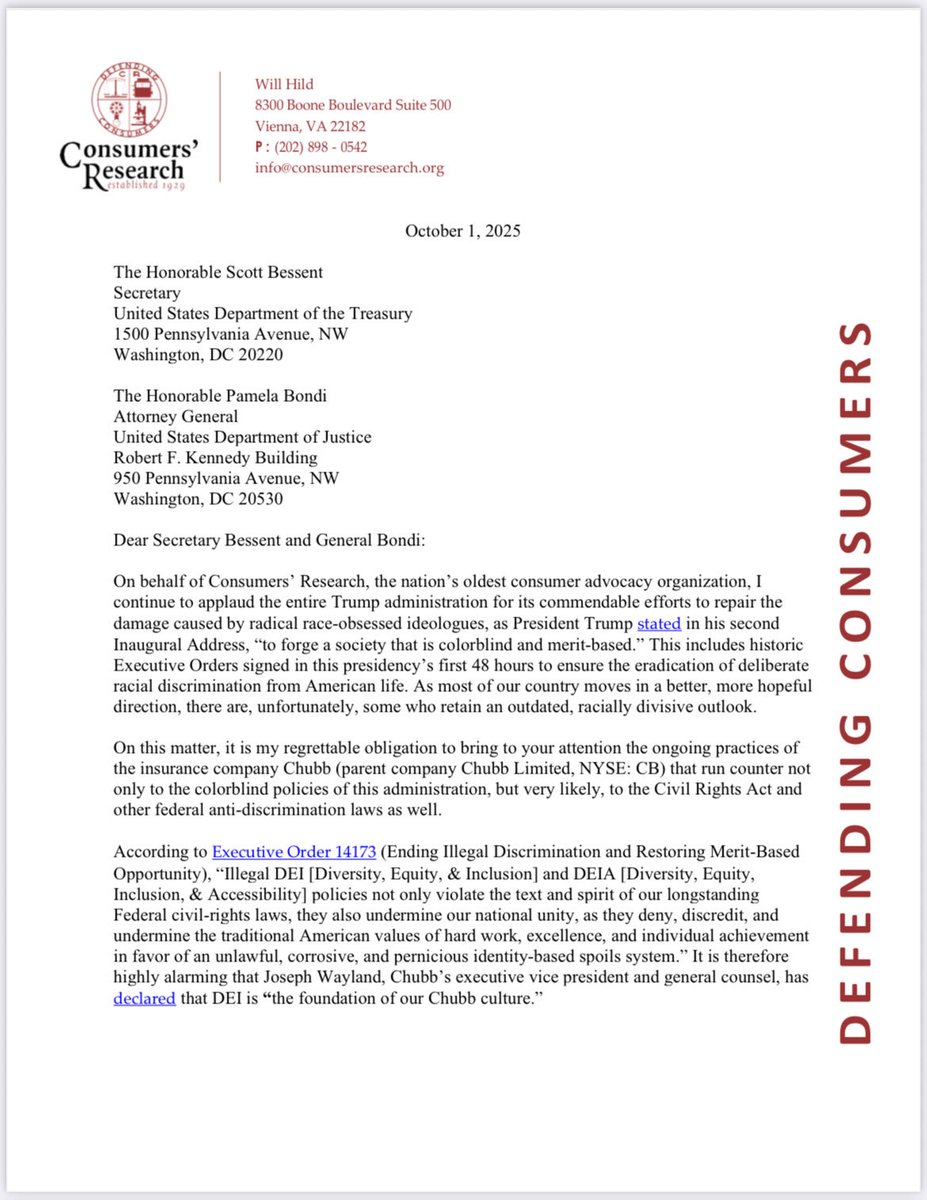 WillHild's tweet image. That's why we're sending a letter to @AGPamBondi at @TheJusticeDept and @SecScottBessent at @USTreasury calling for an investigation into @Chubb for potential violations of President Trump's Executive Orders and anti-discrimination laws.

WokeChubb.com