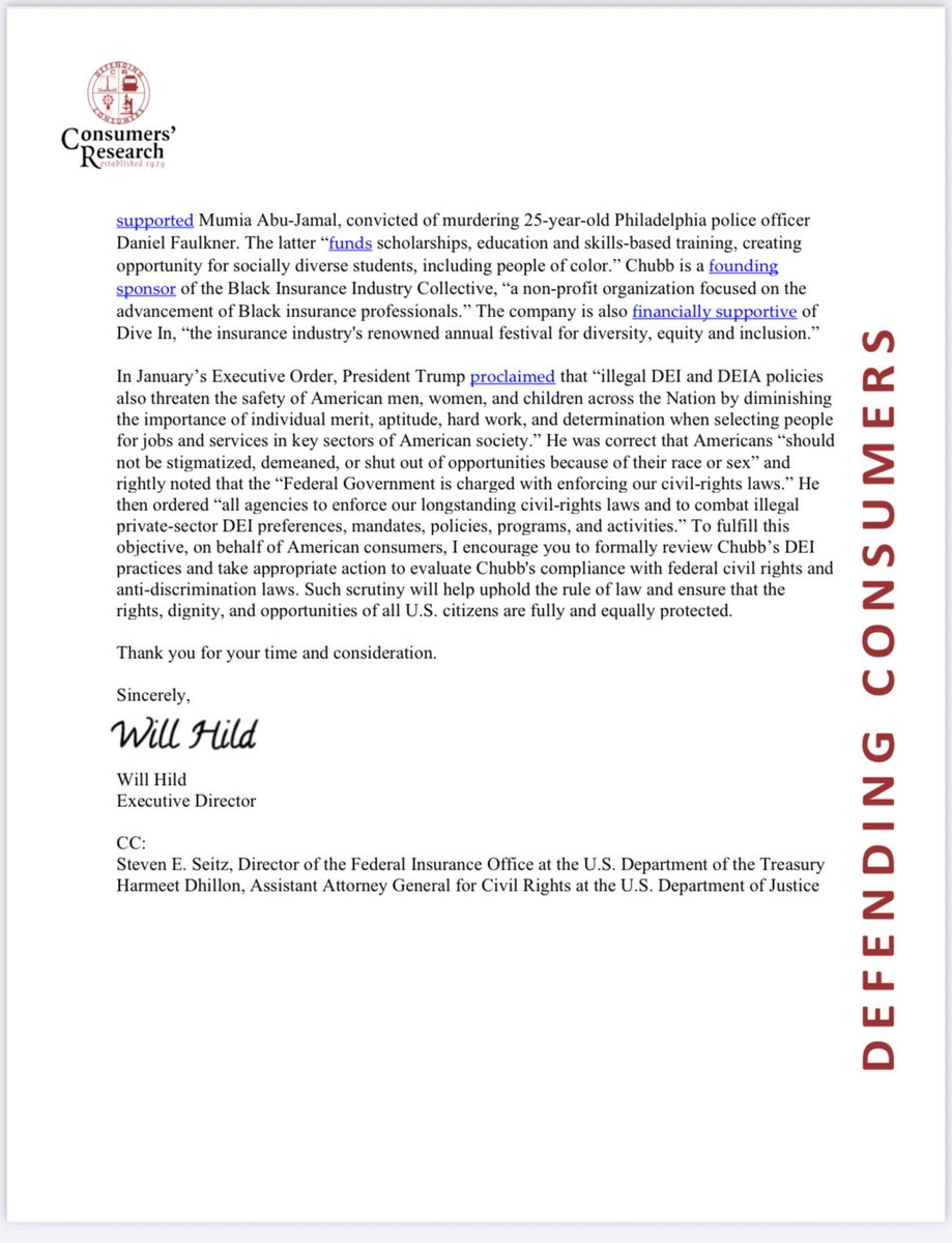 WillHild's tweet image. That's why we're sending a letter to @AGPamBondi at @TheJusticeDept and @SecScottBessent at @USTreasury calling for an investigation into @Chubb for potential violations of President Trump's Executive Orders and anti-discrimination laws.

WokeChubb.com