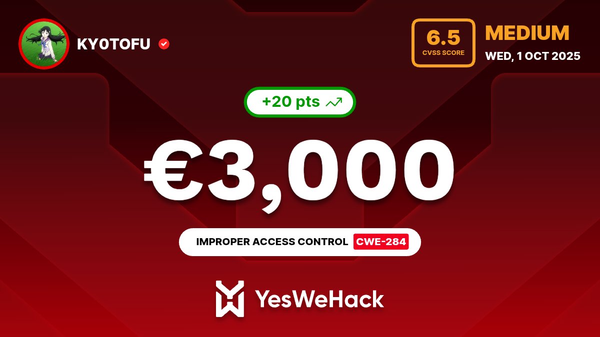 Ky0toFu's tweet photo. Just now, I am very honored to have won a €3,000  prize at YesWeHack https://t.co/ME8BhEpM3d