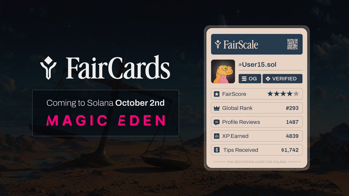 FAIR (@fairforsol) on Twitter photo It's time. FairCards mint on <a href="/MagicEden/">Magic Eden 🪄</a> tomorrow.
Your passport to on-chain reputation, verified and live on Solana.
Here's everything you need to know 👇 It's time. FairCards mint on <a href="/MagicEden/">Magic Eden 🪄</a> tomorrow.
Your passport to on-chain reputation, verified and live on Solana.
Here's everything you need to know 👇