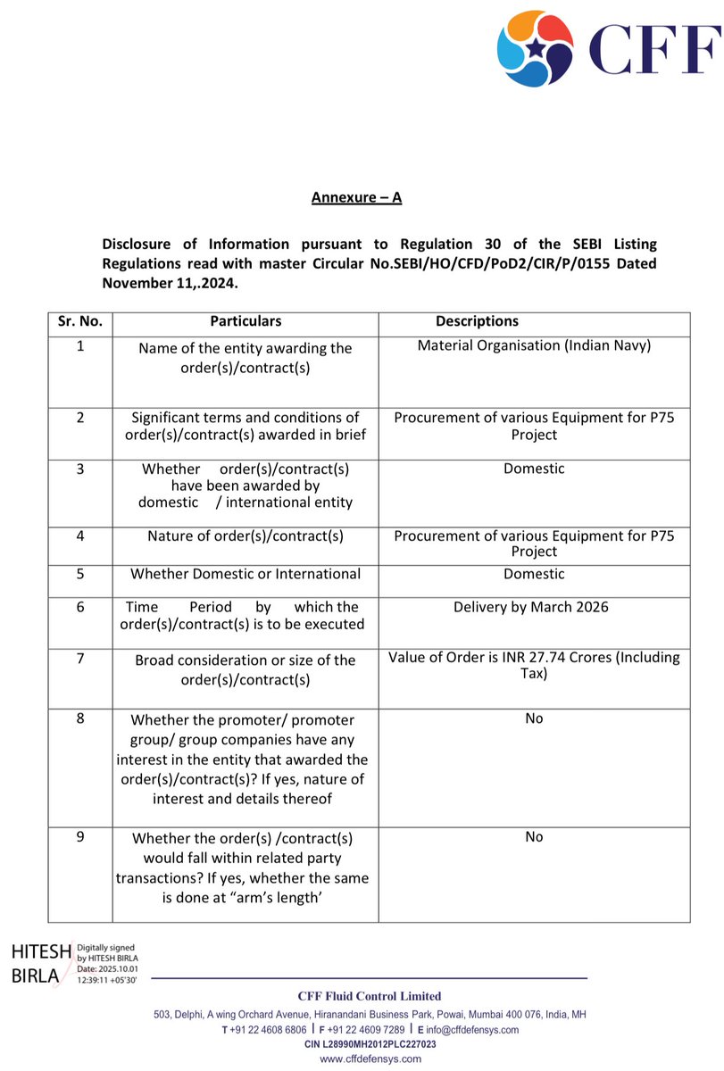 Prefmarkits's tweet image. CFF Fluid Controls : 630

Today, on 01.10.2025,

Company got order worth ₹27.74 Crs from Indian Navy for procurement of various equipment for P75 Projects.

Keep on Radar.

#cfffluidcontrol