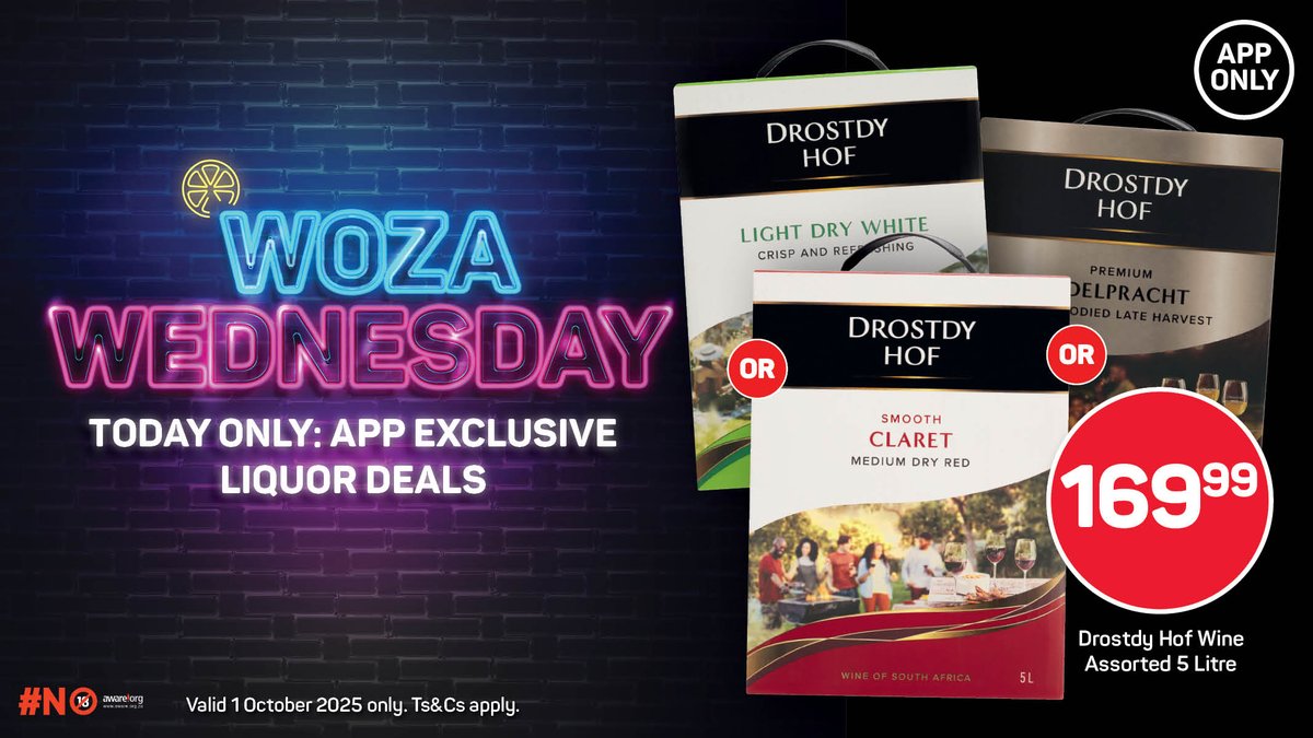picknpayasap's tweet photo. Get Drostdy Hof Wine Assorted 5 Litre for ONLY R169.99!
Hurry to the app! π²
Valid 1 October 2025 only. Ts&Cs apply. π
#WozaWednesday #AppOnly https://t.co/u43Sg2uQKz