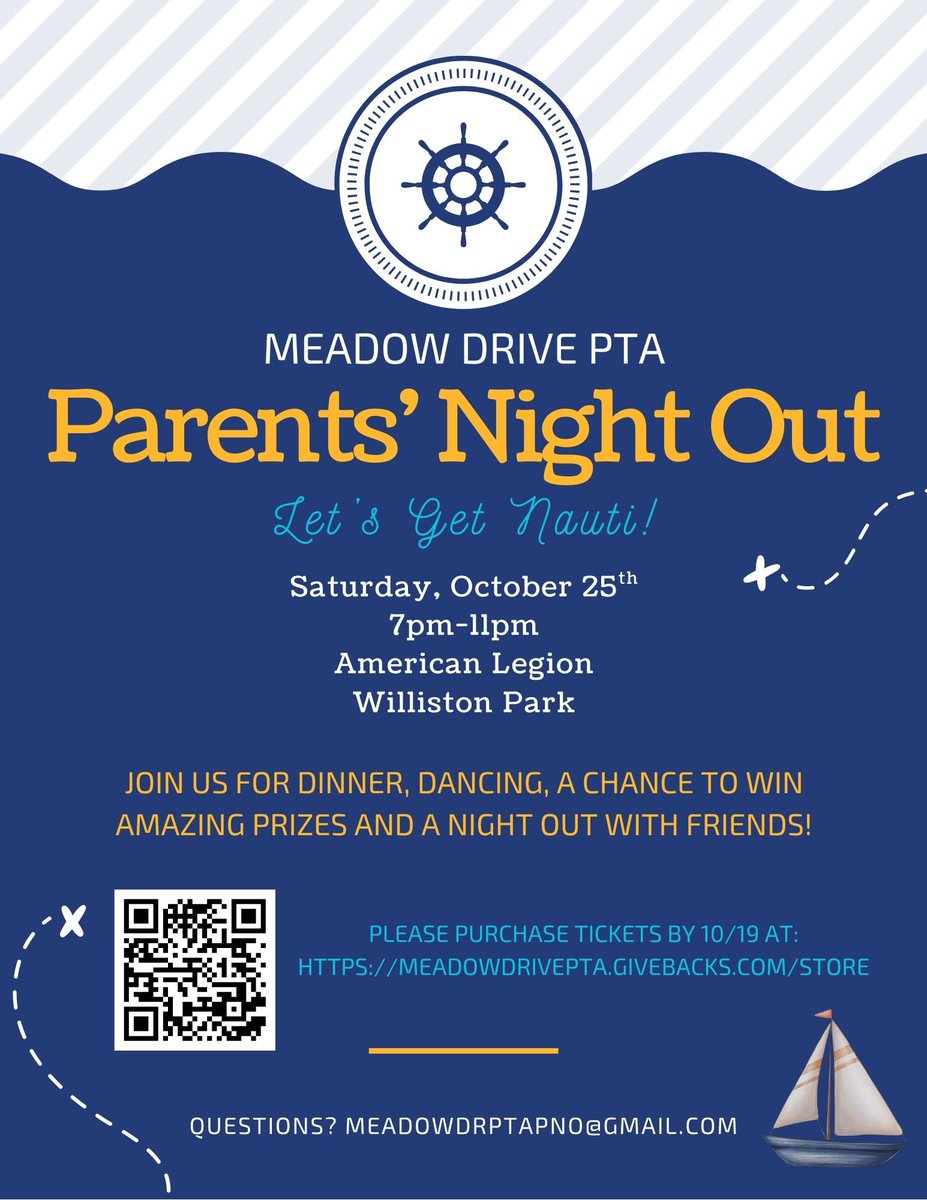 MeadowDrPTA's tweet photo. Meadow Drive PTA’s BIGGEST fundraiser is less than a month away! But… What is Parents’ Night Out? It’s more than just a fundraiser! Join us for a buffet dinner, open bar, dancing and ofcourse, a chance to win AMAZING prizes! You don’t have to be a Meadow Drive parent to attend. https://t.co/kmB9HW5FpG