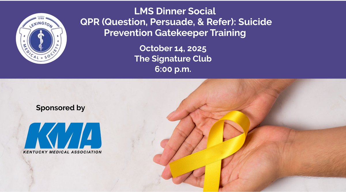 KY Medical Assoc (@kymedassoc) on Twitter photo Join the Lexington Medical Society <a href="/LMS1799/">Lex Med Society</a> dinner social on October 14 at 6:00 p.m. at the Signature Club to learn more about Suicide Prevention Gatekeeper Training (Question, Persuade & Refer). Register at eventbrite.com/e/lms-dinner-s… Join the Lexington Medical Society <a href="/LMS1799/">Lex Med Society</a> dinner social on October 14 at 6:00 p.m. at the Signature Club to learn more about Suicide Prevention Gatekeeper Training (Question, Persuade & Refer). Register at eventbrite.com/e/lms-dinner-s…