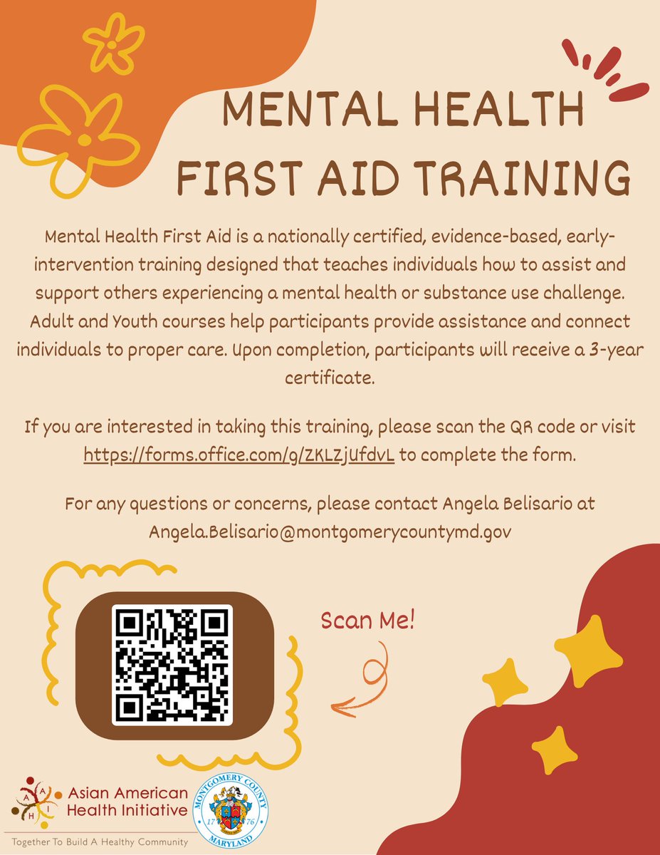 Are you interested in Mental Health First Aid Training? Visit ow.ly/ouoK50W4scJ to complete the form. Please see flyer for more details.