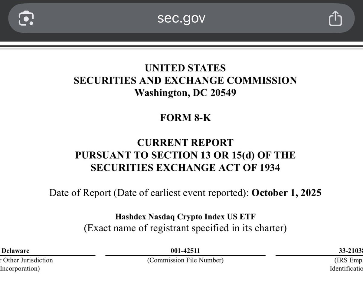 SEC Form 8-K filing from the Hashdex Nasdaq Crypto Index US ETF The ETF  will now hold Cardano alongside its existing assets: Bitcoin (BTC), Ethereum  (ETH), Solana (SOL), Stellar Lumens (XLM), and