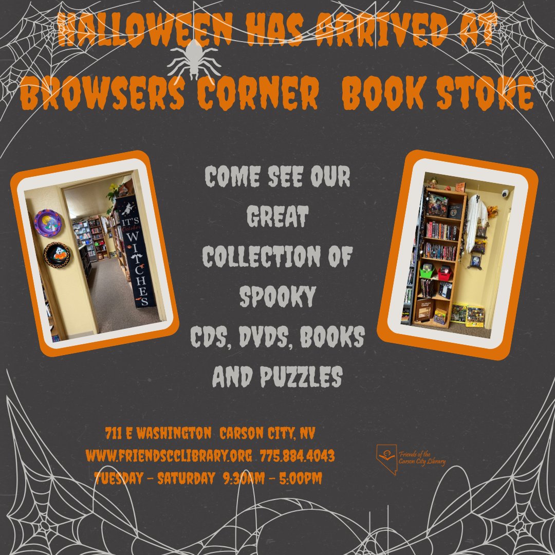 friendsofcclib's tweet photo. The weather has finally gotten cooler and the nights will soon be longer. That must mean that Halloween is right around the corner. Stop by and find your favorites. #browserscornerbookstore #friendsofthecarsoncitylibrary #carsoncity #thrifting #halloween #usedbooks #booktok https://t.co/sJYwrHLqym