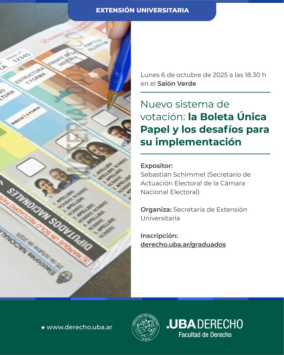 📅 El próximo 6 de octubre a las 18.30 h se llevará a cabo la actividad "Nuevo sistema de votación: la Boleta Única Papel y los desafíos para su implementación".

➕ Más información: bit.ly/3KvBR4n

#NuevoSistemaDeVotación #BoletaÚnicaPapel