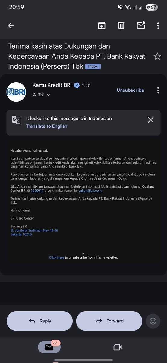 asfatach07's tweet photo. Halo @kontakBRI ini maksudnya gimana? Tiba2 kirimin email dan bilang kolektibilitas saya buruk? Sy ga ada pinjaman lain di BRI selain kartu kredit, itupun sudah tidak ada tagihan. Silakan anda klarifikasi, skalian saya laporin @ojkindonesia. Emailmu bikin deg2an soalnya. https://t.co/fraUJc6rGy