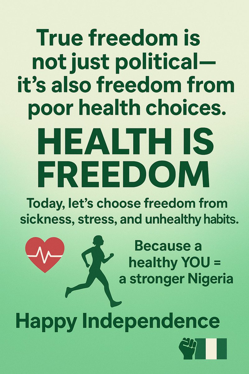 DXCHNG's tweet photo. True freedom is not just political—it’s also freedom from poor health choices. it’s being FREE to live healthy, strong and fulfilled.
Today, let’s choose freedom from sickness, stress, and unhealthy habits.🫀🍎🏃‍♀️
Because a healthy YOU = a stronger Nigeria 🇳🇬
Happy independence ✊ https://t.co/xY3bw0HlMC