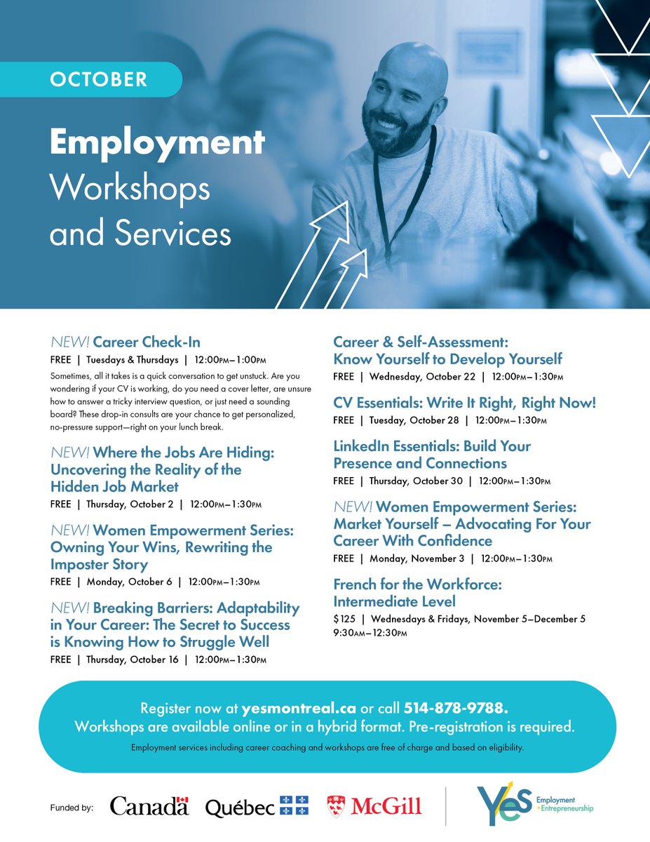🚀 Boost your career / Boostez votre carrière cet octobre!
🔥 Workshops / Ateliers: LinkedIn, CV, interviews / entrevues, French / français + new fall sessions / nouveautés automne
⚡ Get inspired, connect, succeed / Inspirez-vous, connectez, réussissez
👉 tinyurl.com/ykb2uyu3