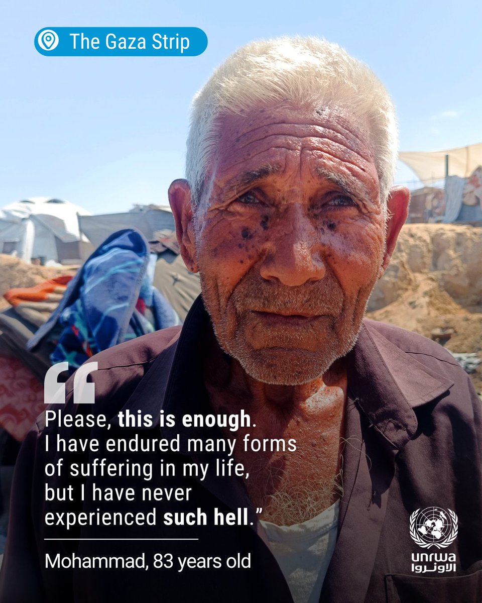 “At the age of 83, I am still searching for a safe place” says Mohammed, forcibly displaced in #Gaza.

Nearly two years of war and 7 months without UNRWA supplies coming in leaves the most vulnerable groups, including older people, at grave risk.

UNRWA must be allowed to bring