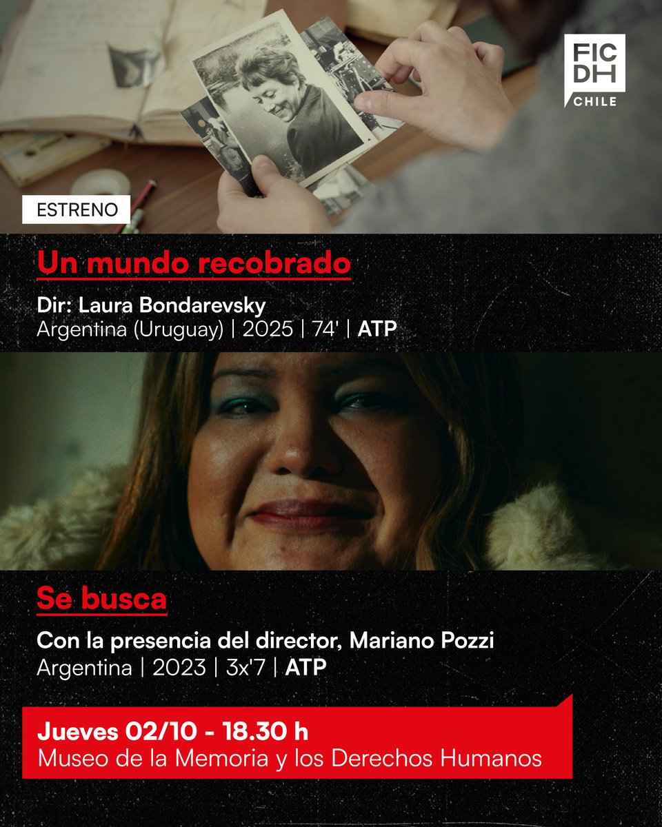🎬  ¡Últimos días del Festival Internacional de Cine de Derechos Humanos Chile! 

📅 Conoce la programación de hoy y mañana y disfruta de los estrenos internacionales, documentales y ficciones que @festivalficdh trajo a Chile.

🎟️ Reserva tus entradas en ficdh.imd.org.ar