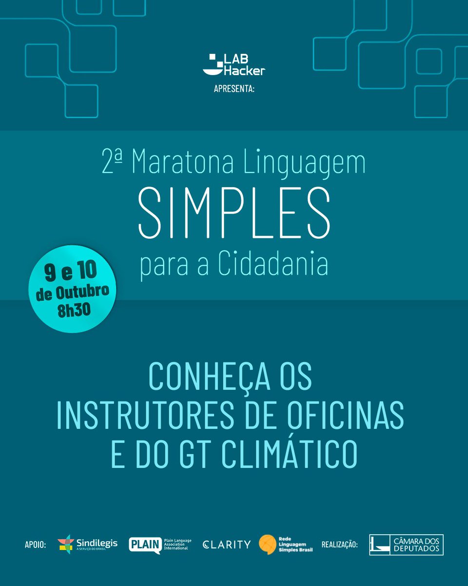 LabHackerCD's tweet image. Conheça os instrutores da 2ª Maratona Linguagem Simples para a Cidadania!
📅 10/10 | 8h30
⚠️ Vagas preenchidas, mas você pode acompanhar os destaques por aqui! #LABHackerCD #LABHacker #PlainLanguage #MaratonaLinguagemSimples #PLAIN