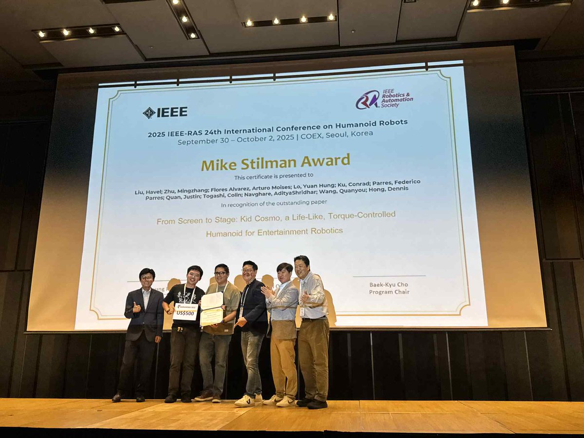 DennisHongRobot's tweet image. RoMeLa wins the
Mike Stilman Best Paper Award
at the 2025 IEEE Humanoids Conference!
🏆🤖👏👏👏

Congratulations to our team!
@RoMeLaUCLA 
@UCLAengineering