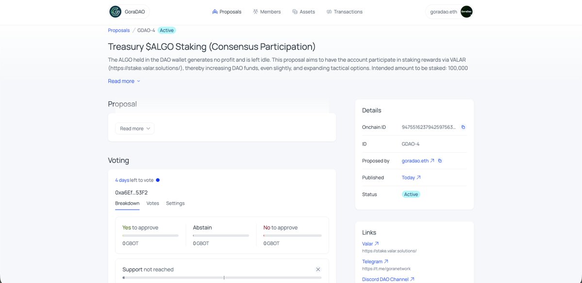 GoraNetwork's tweet image. 🚨 GoraDAO Governance Proposal #4 is now live on @AragonProject 🗳️
Head over and cast your vote, window closes this Sunday 5th, 16:00 UTC.
app.aragon.org/dao/base-mainn…
❓Got questions ? Join the conversation in our DAO Discord channel.