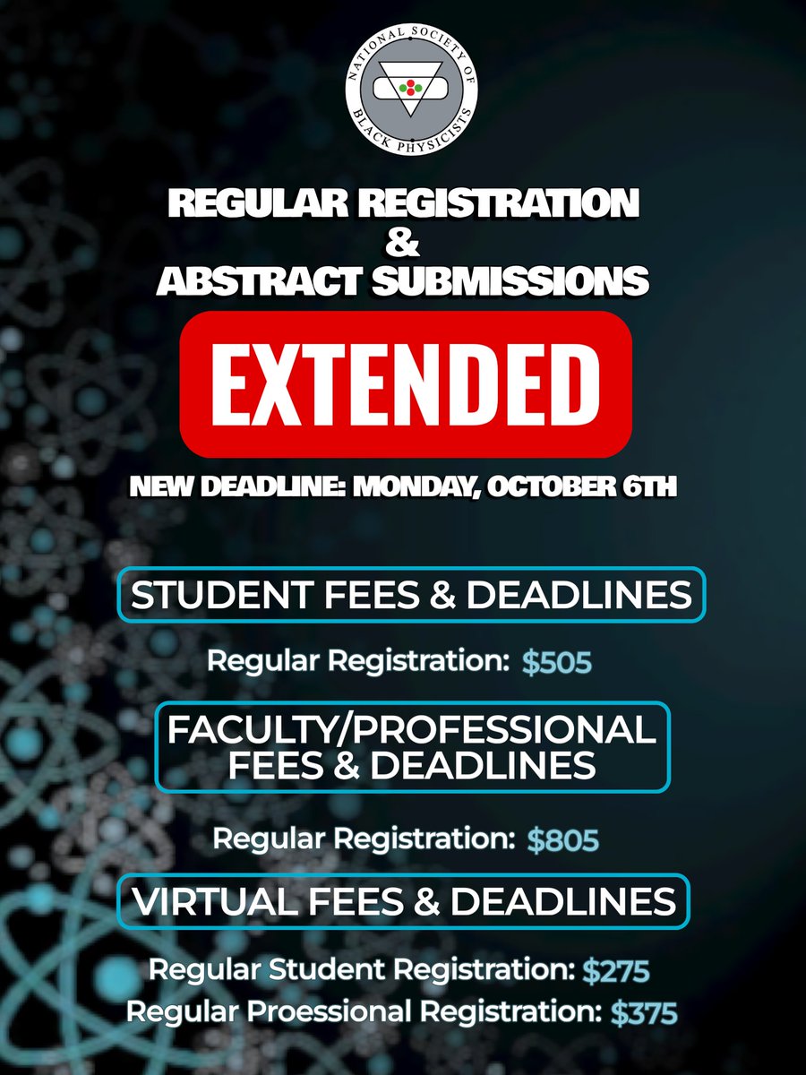 NSBPInc's tweet image. Regular Registration &amp;amp; Abstract Submissions have been EXTENDED!
The new deadline is Monday, October 6th.

ATTN Students: If you want travel support for the conference, you MUST submit an abstract. 
nsbp.org/2025conference #2025NSBP #ExtendedDeadline  #RegistrationExtended