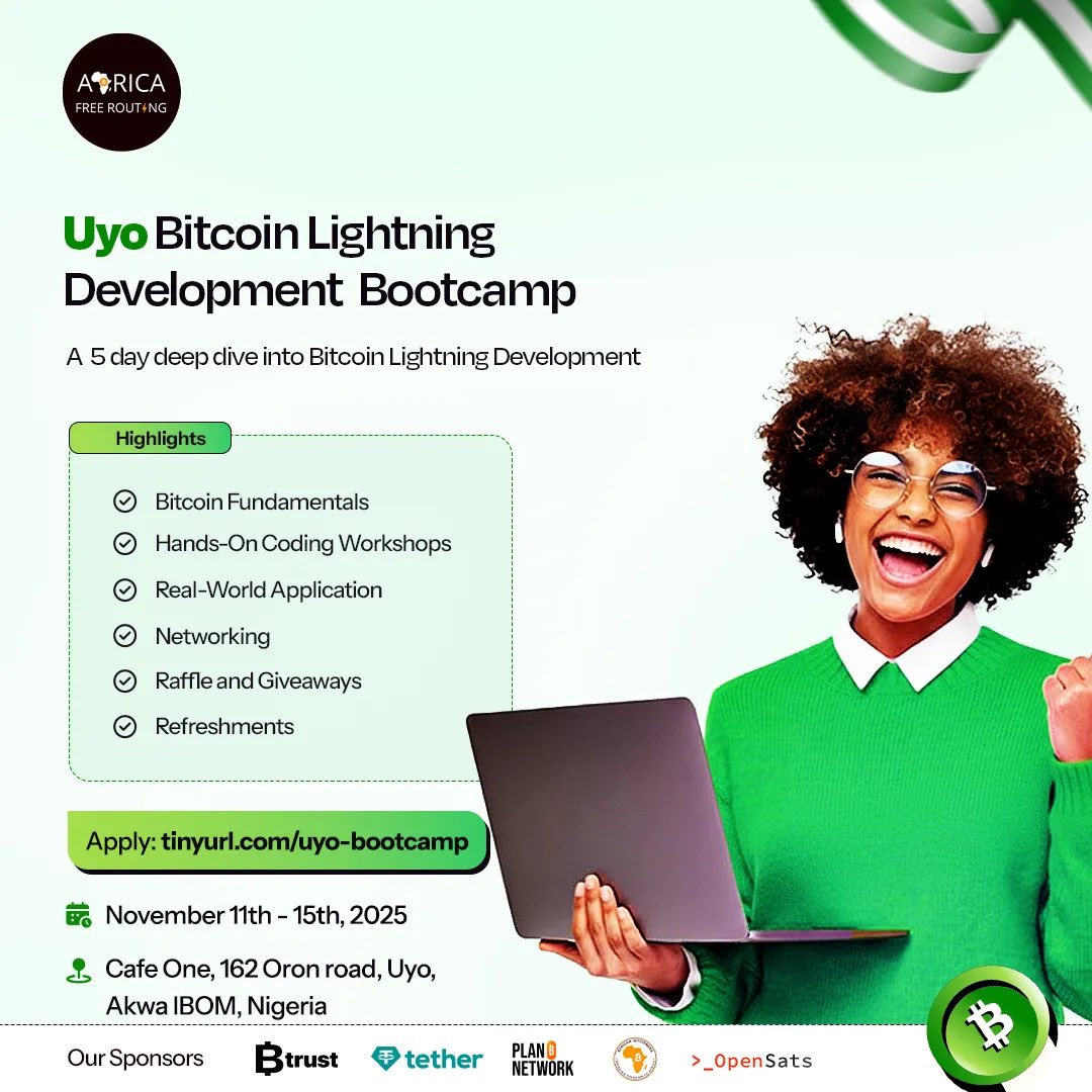 FreeRoutingAf's tweet image. 🌍 The future of payments is here and it’s called Lightning.
From Nov 11–15, 2025, we’ll be in Uyo, Nigeria, training the next wave of African developers to build with Bitcoin Lightning.
Don’t just watch the change happen.
Be part of it: freerouting.africa/uyo-bootcamp