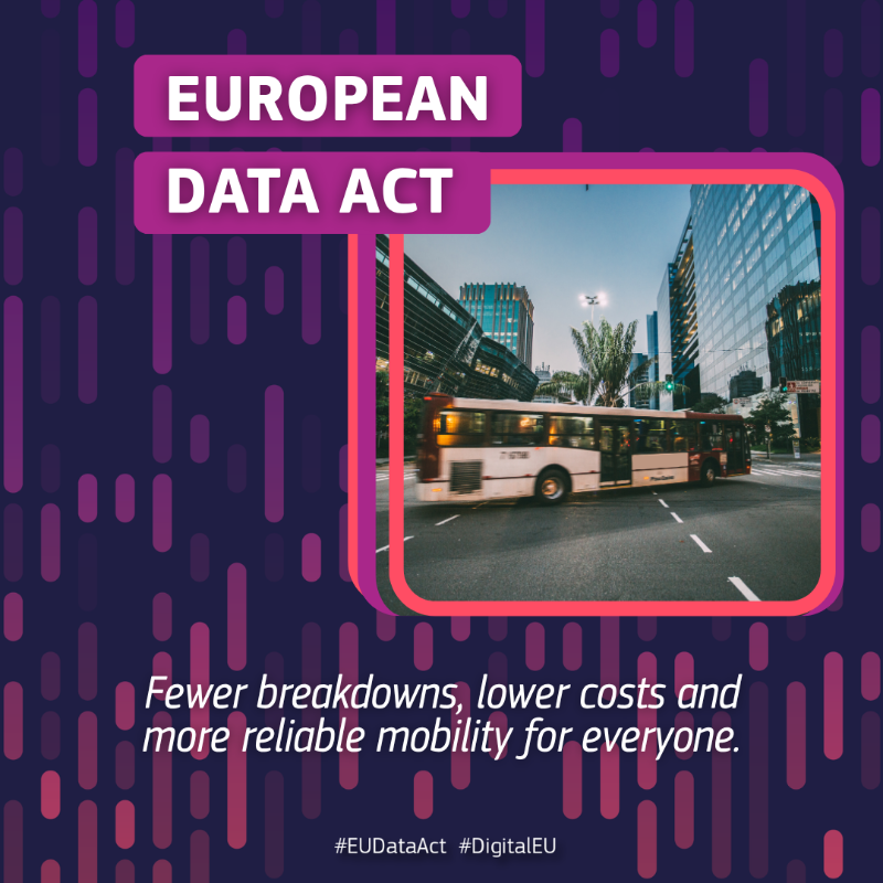 DigitalEU's tweet photo. What does the EU Data Act mean for transport?

With open access to vehicle data, the operators can:
 
🚍 improve longevity of vehicles &amp; batteries
🌿 boost safety, innovation &amp; sustainability
🔋 reduce energy consumption
🔥 detect risks like fire hazards at the earliest stage